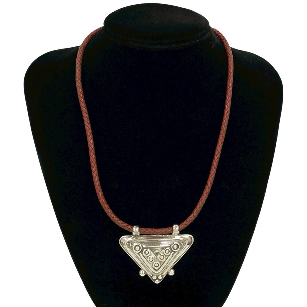 HERMES Silver Leather Necklace